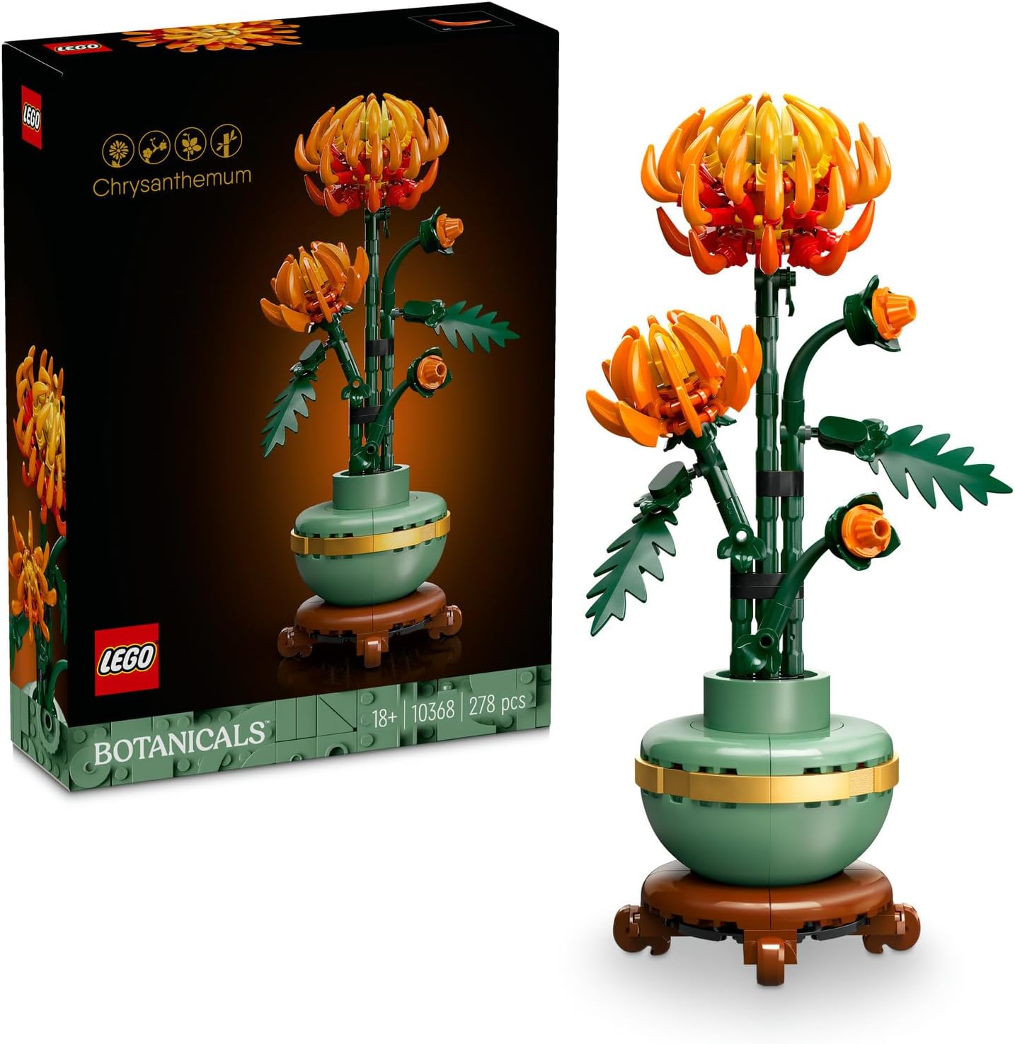 LEGO Botanicals Krizantem 10368 – Yetişkinler için Altın Şeritli ve Ahşap Görünümlü Kaide Üzerinde Pastel Yeşil Saksı İçeren Dekoratif Çiçek Modeli Yapım Seti, Sevgililer Günü Hediye Fikri 278 Parça
