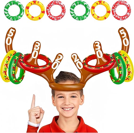 Christmas Party Ring Toss Game, Inflatable Reindeer Antler Hat with 6 Rings, Toss Game Props for Kids, Adults & Family Indoor/Outdoor Fun