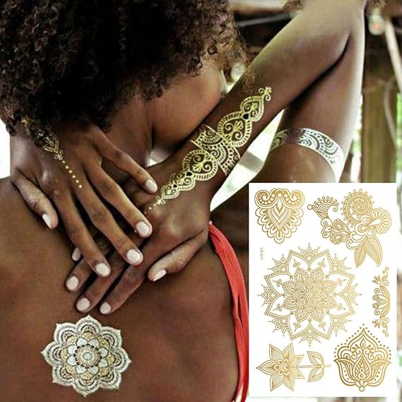 Henna Tattoos, Gold Henna Temporary Tattoos Stickers for Women Wedding Party Festivals, Parties Decoration Suppliers 6Sheets (gold)