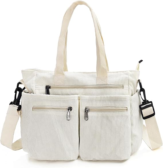 Womens Cute Corduroy Tote Bags with Multiple Pockets Travel Shoulder Bags Hobo Crossbody Bag Purse Handbag (White)
