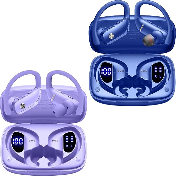 bmani 2 Sets Wireless Earbuds Bluetooth Headphones 48hrs Play Back Sport Earphones with LED Display Over-Ear Buds with Earhooks Built-in Mic Headset for Workout Purple+Blue