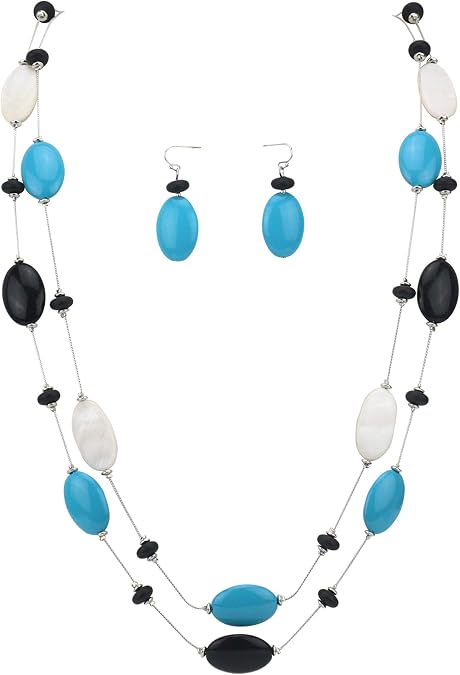 Firstmeet 2-Layer Statement Oval Beads Long Necklace Long Strand for Women