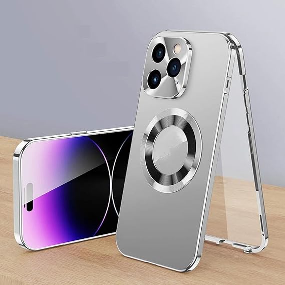 Double-Sided Magnetic Phone Case with Electroplated Glass for iPhone, Magnetic Tempered Glass Case (Silver,15)