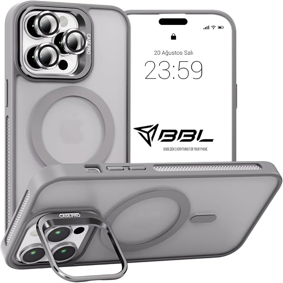 Babilden iPhone 16 Pro Max İçin Kılıf Kamera Korumalı Magsafe İle Uyumlu Kablosuz Şarj Özellikli Mat Şeffaf Renkli Standlı Lens Hediyeli Telefon Kılıfı (Gri)
