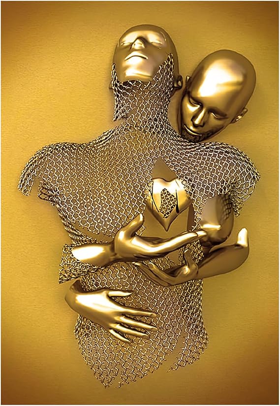 Yolimok 3D Wall Art Canvas Decor Romantic Wall Art Love Heart 3D Metal Sculpture Effect Decorations For Bedroom Living Room Hallway And Stairs, Large Size 30cm x 40cm (Gold, C)