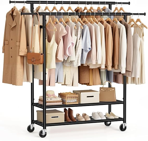 Heavy Duty Clothes Rack, Double Rod Garment Storage Organizer, Black