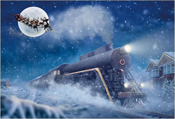 Funnytree 7x5FT Christmas Train Backdrop Winter Xmas Night Santa Claus Snow Railway Background New Year Eve Kids Party Banner Decor Supplies Photo Booth Props Favors