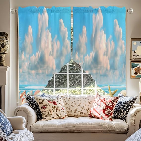 Swag Curtain, Beach Conch Shells Summer Ocean Nautical Kitchen Valances Rod Pocket Curtains Tier Pair Swag Topper, Blue Sky White Clouds 2 Panels Window Treatment for Bathroom Living Room Bedroom