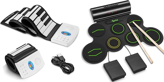 POGOLAB 49 Key Roll Up Keyboard Piano (black & white) + Electronic Drum Set