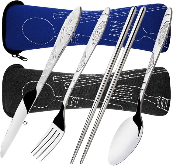 SENHAI 8 Pieces Flatware Sets Knife, Fork, Spoon, Chopsticks, 2 Pack Rustproof Stainless Steel Tableware Dinnerware with Carrying Case for Traveling Camping Picnic Working Hiking