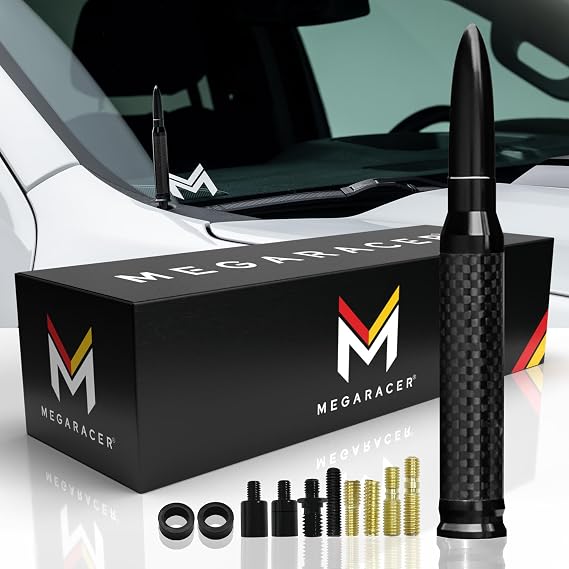 Mega Racer 50 Cal Bullet Antenna - Black Carbon Fiber 5.5 Inch AM/FM Compatible Universal Fit for Truck,Solid Aluminum with Anti-Theft Design and Car Wash Safe