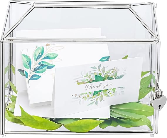 NCYP Small 10.2 x 5.9 x 7.9 Inches Silver Glass Cards Box with Slot and Lock for Micro Wedding, Birthday Party - Geometric Card Holder, Home Decorative, Slot Length 6.3'' (Glass Box Only)