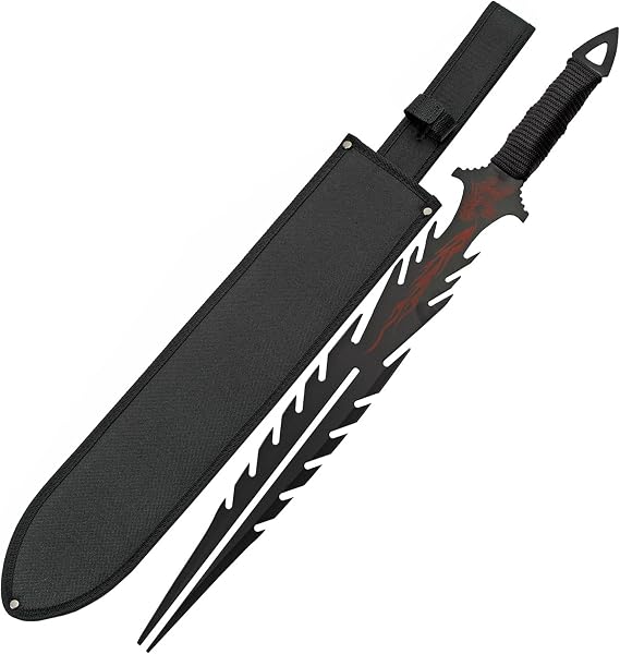 Szco Supplies 26 Double Reaper Sword, Black Stainless-Steel Blade with Red Fire Dragon Design, Paracord Handle, and Nylon Shoulder Sheath
