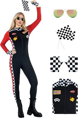 Race Car Driver Costume Women,Race Car Driver Jumpsuit Sexy Racer Halloween Bodysuit Sunglasses Glove Flag Outfit