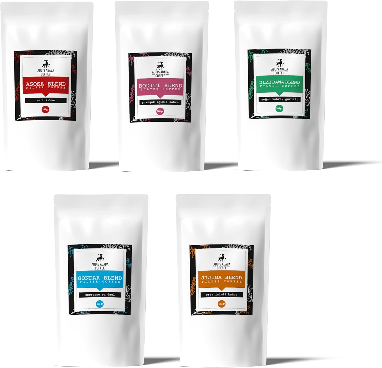 Addis Ababa Coffee - 5x100 gr Original Ethiopian Coffees Roasted Beans