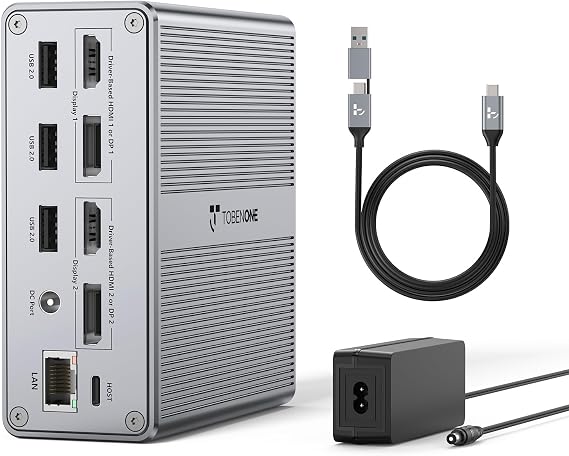 DisplayLink Docking Station Dual Monitor 4K@60HZ for MacBook, Windows, TobenONE Universal Mac mini M4 Dock with 2 HDMI & 2 DP, 65W Power Delivery, 7 USB, USB-C 3.1, Ethernet, SD/TF