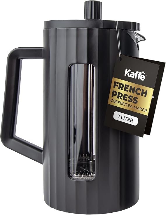 Kaffe Large French Press Coffee Maker & Camping Coffee Pot Double-Wall Stainless Steel Tea & Coffee Press with Extra Filter, Black (1L) | Large 1 L double-wall stainless steel coffee and tea press includes an extra filter for home or camping use.