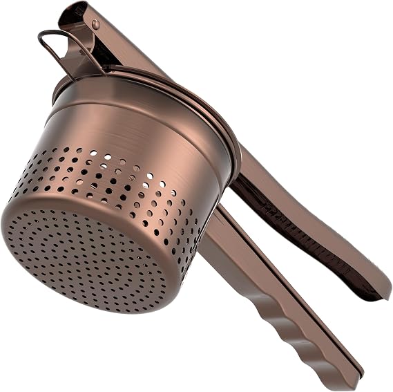 GloTika Large 15oz Potato Ricer Masher, Heavy Duty Stainless Steel Potato Masher with Ergonomic Handle, Masher and Ricer Kitchen Tool for Mashed Potatoes, Noodle Maker, Bronze Color