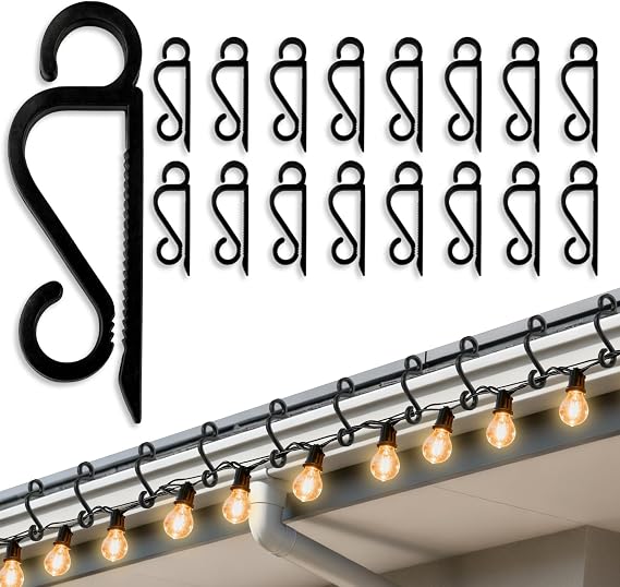 Gutter Hooks for Outdoor Lights, 60 Pcs Slip-Resistant Christmas Light Gutter Clips with Reusable, Weatherproof, Plastic, Flexible, Durable for Hanging Xmas Icicle Curtain Fairy Lights
