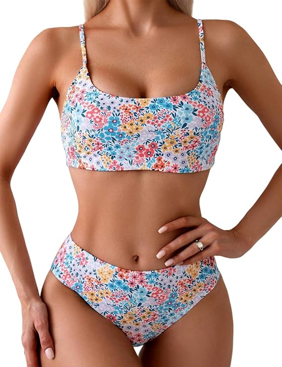 YIMISAN Women's Two Piece Swimsuit Floral Print Bikini Set Spaghetti Straps Scoop Neck Mid Waist Cheeky Bathing Suit