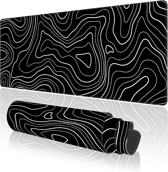 Black Topographic Contour Large Gaming Mouse Pad with Anti-Slip Base for Keyboard, Map Extended XL Mousepad for Office and Room, Cool Desk Mat with Stitched Edges for Desk, 31.5 x 11.8 in