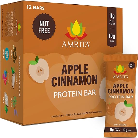Amrita Nut Free Vegan Protein Bars 12 Pack, 11g Plant Based, Gluten Free | Apple Cinnamon Protein bars, Peanut Free, Dairy Free, High Fiber, Low Sugar School-Safe Snacks & Breakfast