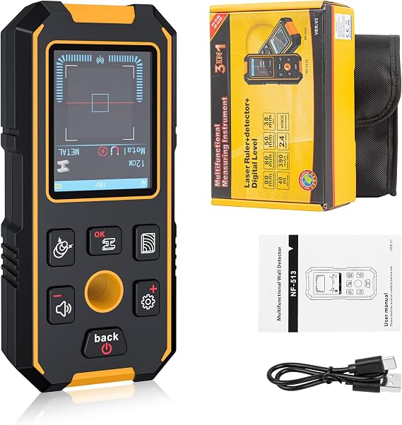 3-in-1 Stud Finder Wall Scanner - Magnetic & Non-Magnetic Metal, Wood, Cable Detection | Positioning Hole, LCD Display, Audio Alarm | Rechargeable Stud Detector for Joists/Pipes/Wires