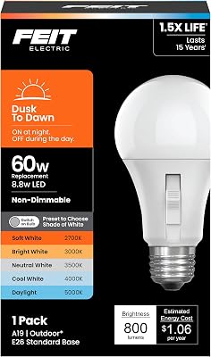 Feit Electric LED Dusk-to-Dawn Light Bulb, A19 60W Equivalent, 5CCT, Non-Dimmable, E26 Medium Base, 90 CRI, 800 Lumens, Adjustable White, 13 Years Lifetime, OM605CCTCADDLEDI