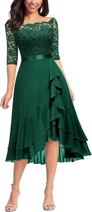 Miusol Women's Off Shoulder Lace Half Sleeve Ruffle Hi-Lo Party Midi Dress