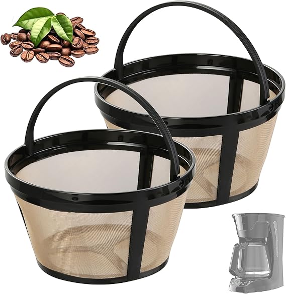 Coffee Filter Basket 8 Cup Compatible with Black and Decker, 2 Packs Permanent Gold Tone Stainless Steel Mesh Coffee Filter, Easy to Clean, Reusable, Portable Handle, Suitable for Home
