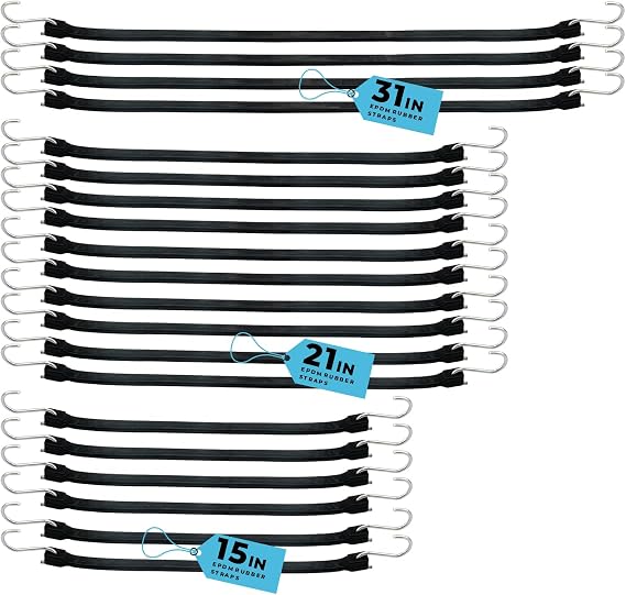 XSTRAP STANDARD Multi Size 20PK EPDM Bungee Cords Natural Rubber Tarp Strap | Heavy Duty 15" 21" 31" Elastic Tie Downs with Metal Crimped S Hooks for Securing Camping, Canvases, Cargo, Flatbed Trailers