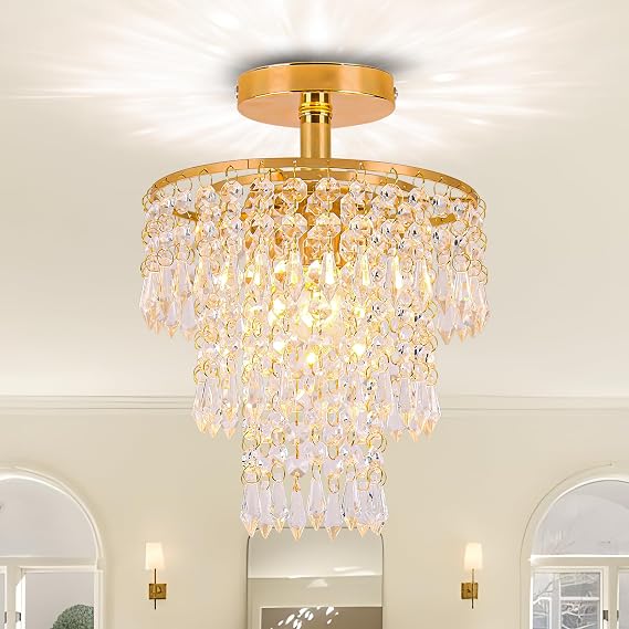 FRIXCHUR Mini Crystal Chandelier Ceiling Light Fitting 3 Tier E27 Gold | Lights Ceiling Light 3 Tiers Crystal Raindrop Chandelier for Bedroom Living Room Dining Room [Energy Class E]