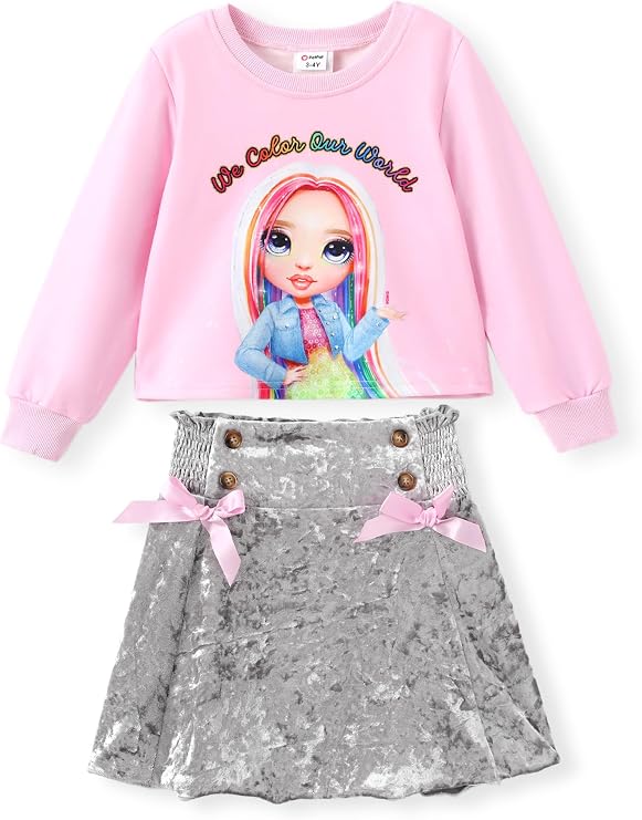 L.O.L. Surprise! Girl Skirt Set Long Sleeve Letter Print Sweatshirt Plaid/Pink Smocked Skirt Set 2PCS Clothes Set Outfit