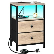 LOAKEKEL Bedside Table with LED Light, Small Side Table with Charging Station, Bedside Cabinet with 2 Fabric Drawers and Open Storage Shelf, Nightstand for Living Room, Bedroom, Gray UHETS02GY-1