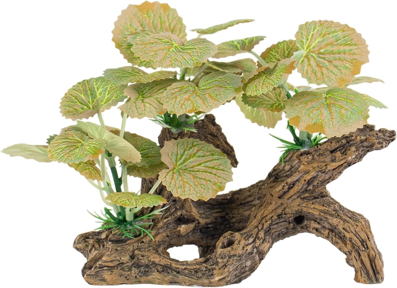 BEGONDIS Resin Driftwood Aquarium Decor with Artificial Plants, Betta Fish Hideout and Shelter, Natural Wood Trunk Ornament for Small Fish Tanks and Terrariums (Style-4)