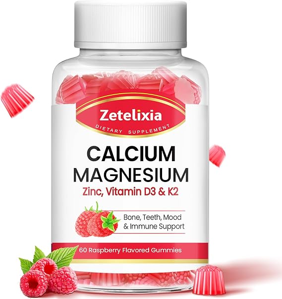 Calcium Magnesium Zinc Gummies with Vitamin D3 & K2, Calcium Gummies for Muscles, Women & Men, Raspberry Flavor - 60 Count