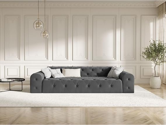 Italian Chesterfield Fully Upholstered 4-Seater Sofa in Plush & Crushed Velvet with Elegant Tufted Design (Dark Grey)