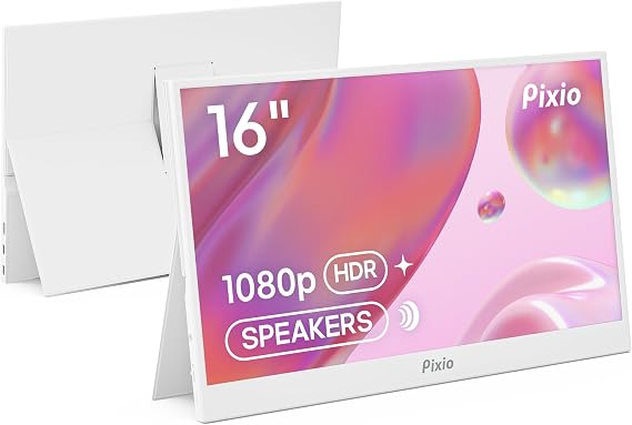 Pixio PX160 Wave White Portable Monitor 15.6 inch 60Hz FHD 1080p IPS Panel HDR Screen Cover Stand USB-C HDMI Laptop Screen Extender Portable Monitor for Laptop, PC, Console, Phone
