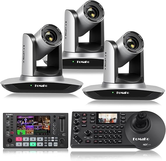FoMaKo AI Auto Tracking HDMI PTZ Camera, 20x Optical Zoom(3pcs), M3 Video Mixer Switcher+KC608 Pro PTZ Controller,for Church Services Worship Education,PTZ Bundle(FMK12UH X3+M3+KC608 Pro)