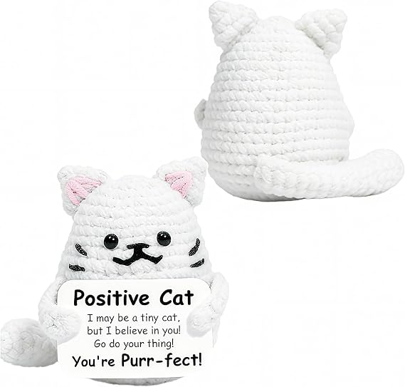 Positive Crochet Cat Animals, Cute Emotional Support Stuffed Toy for Anxiety Relief and Comfort (White)