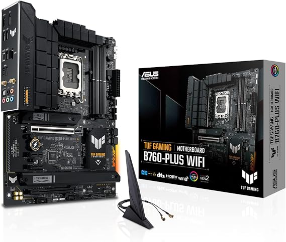ASUS TUF Gaming B760-PLUS WiFi Intel B760 LGA1700 DDR5 7200 DP HDMI 3X M2 USB3.2 AX WiFi + BT 2.5Gbit LAN up to ATX 128GB ram Support, ASUS 5X TUF Motherboard Protection III | Intel B760, ATX, DDR5 memory, PCIe 5.0, 2x M.2, WiFi6, Thunderbolt 4, Aura Sync