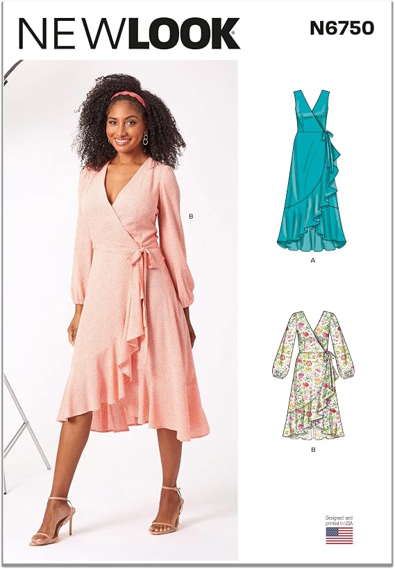 New Look UN6750A Misses' Wrap Dress Sewing Pattern Kit with Length and Sleeve Variations, Design Code N6750, Sizes 10-12-14-16-18-20-22