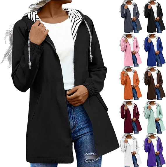 Womens Rain Jacket with Hood Lightweight Waterproof Long Raincoat Hiking Light Rain Coat Windbreaker for Outdoor