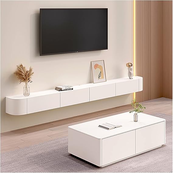 White Floating TV Stand Wall Mounted Media Console with Cable Holes & Storage Shelves Modern Living Room & Bedroom Furniture 160cm Stylish Home Entertainment Solution