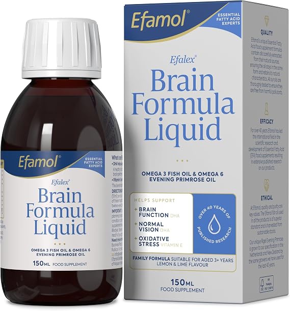 Efamol Efalex Brain Formula Liquid 150ml | Omega 3 Liquid Brain Supplement | Omega 3 DHA + EPA | Omega 6 Evening Primrose Oil | Fish Oil Omega 3 Brain Vitamins | Brain Supplements with Thyme Oil