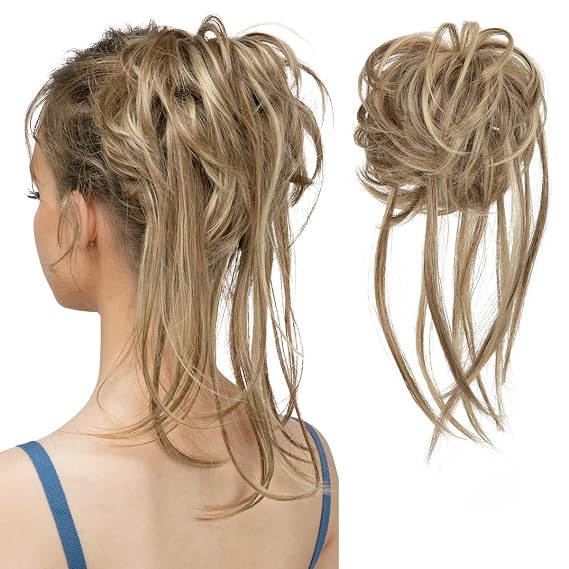 CJL HAIR Messy Bun Hair Piece Curly Hair Bun Extensions with Straight Tails Synthetic Hair Scrunchies Ponytail Hairpieces for Women Sand
