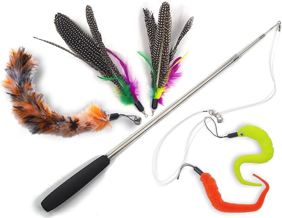 Cat Toys Wand Retractable Interactive Feather Teaser Cat Toy with Bell, 5pcs Refills