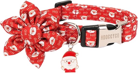 ADOGGYGO Christmas Dog Collar with Detachable Floral, Adjustable Red Santa Christmas Flower Collars for Small Medium Large Dogs Pets (Medium)