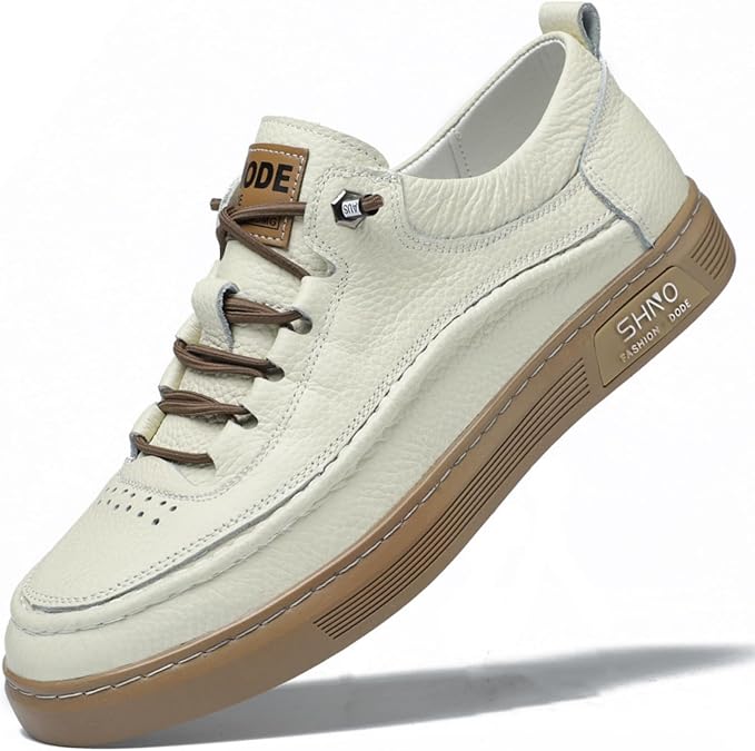 Men's Fashion Lightweight Genuine Leather Lace Up Breathable Flat Sneakers Shoes Low Top Round Toe Non-Slip Casual Shoes for Walking Driving