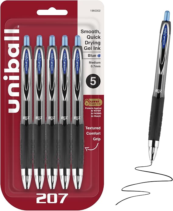 UniballTM 207 Gel Pens, Blue Ink, 0.7mm Medium Point, Retractable, 5 Count, Smooth Writing, Fraud-Resistant, uni Super InkTM